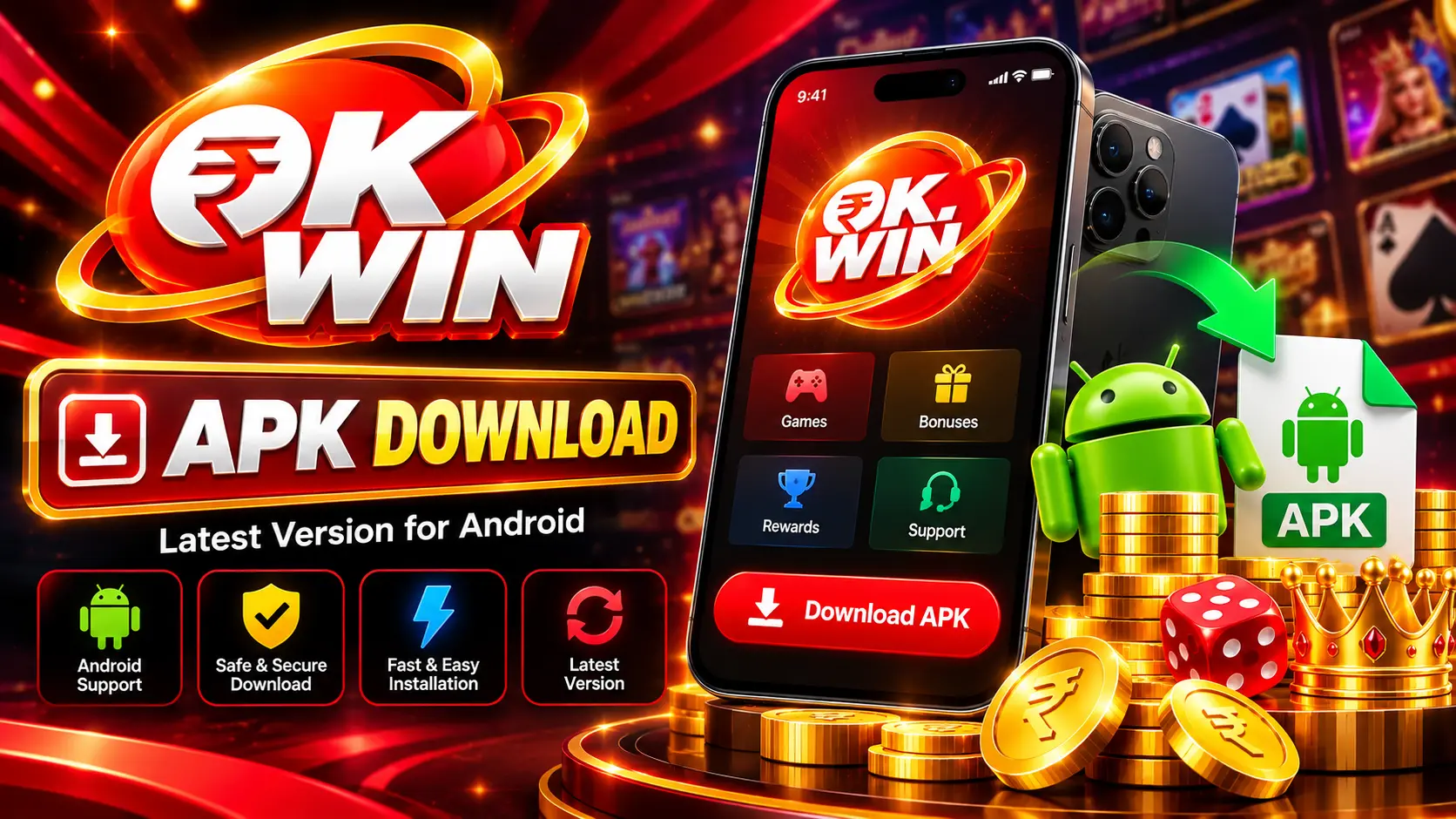 Promotional artwork for the OK Win APK download on Android.