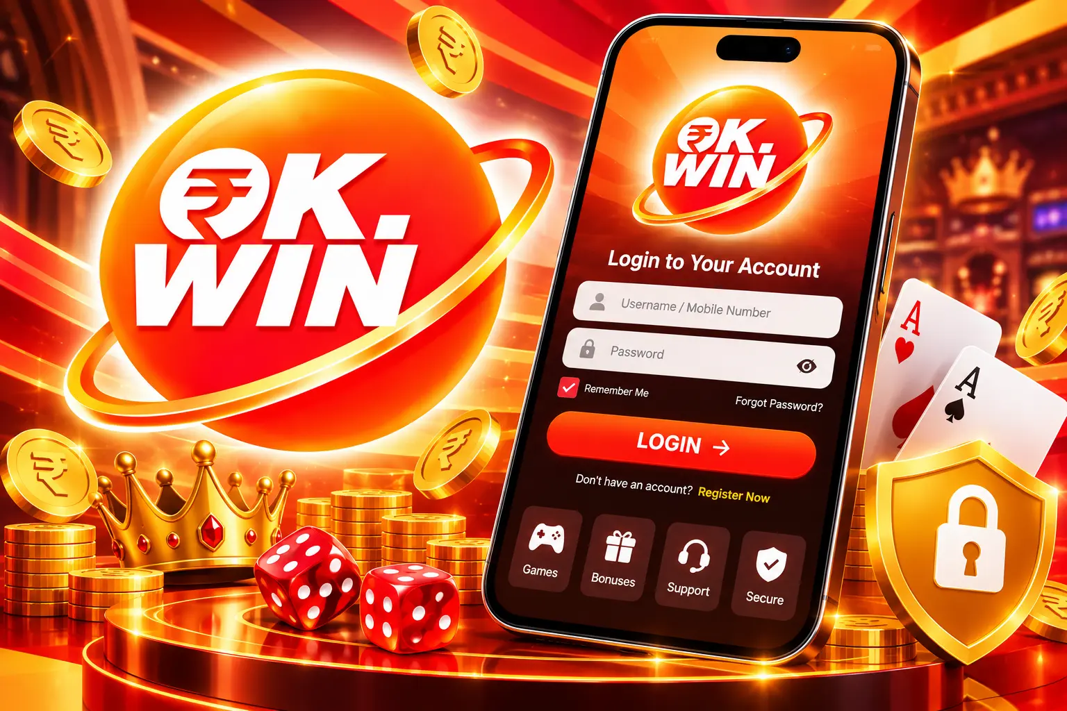 Promotional artwork of the OK Win login screen.